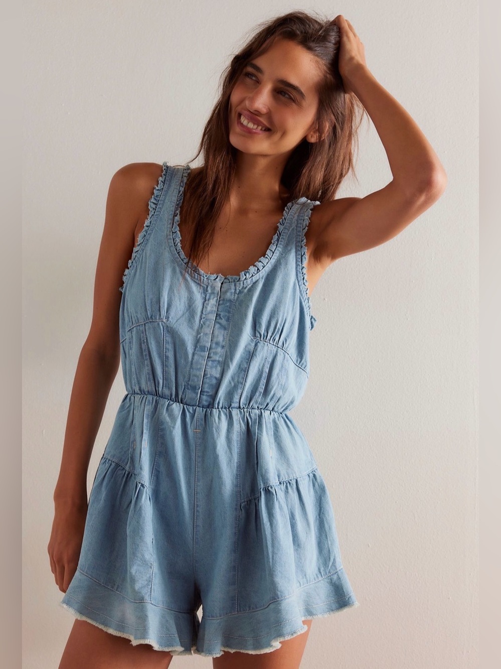 EUC Free People We The Free Nikita Romper Light Blue Denim Tie Back Size Small - Picture 8 of 8